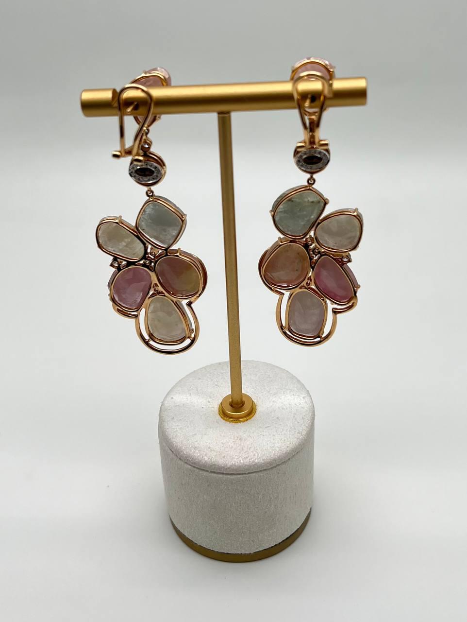 Fancy Cut Colored Sapphires Slice Pearl Diamond 18K Rose Gold Statement Earrings