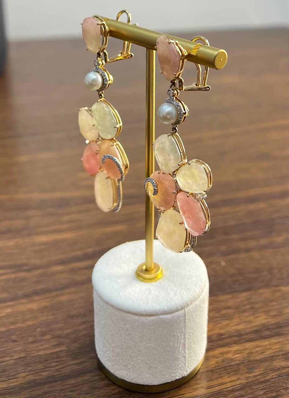 Fancy Cut Colored Sapphires Slice Pearl Diamond 18K Rose Gold Statement Earrings