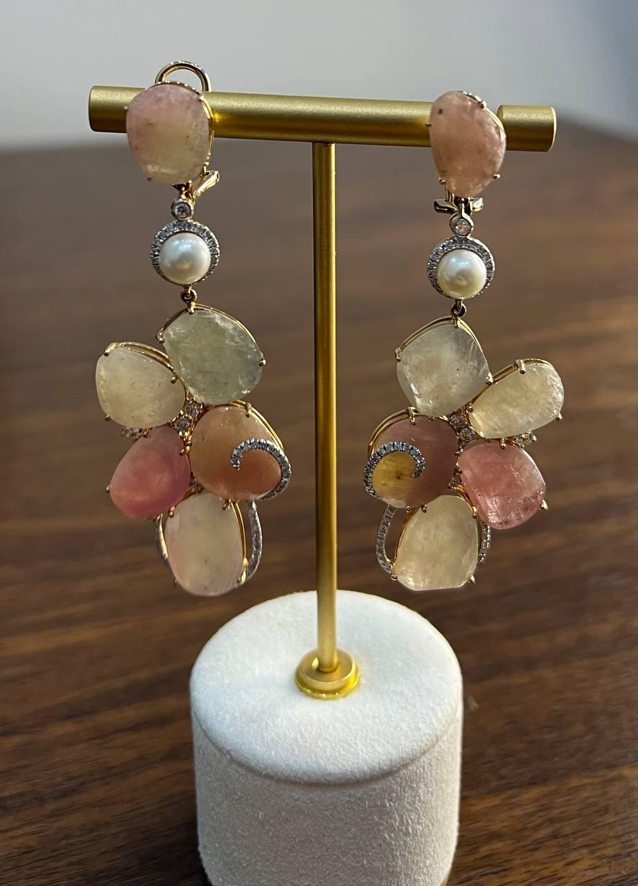 Fancy Cut Colored Sapphires Slice Pearl Diamond 18K Rose Gold Statement Earrings