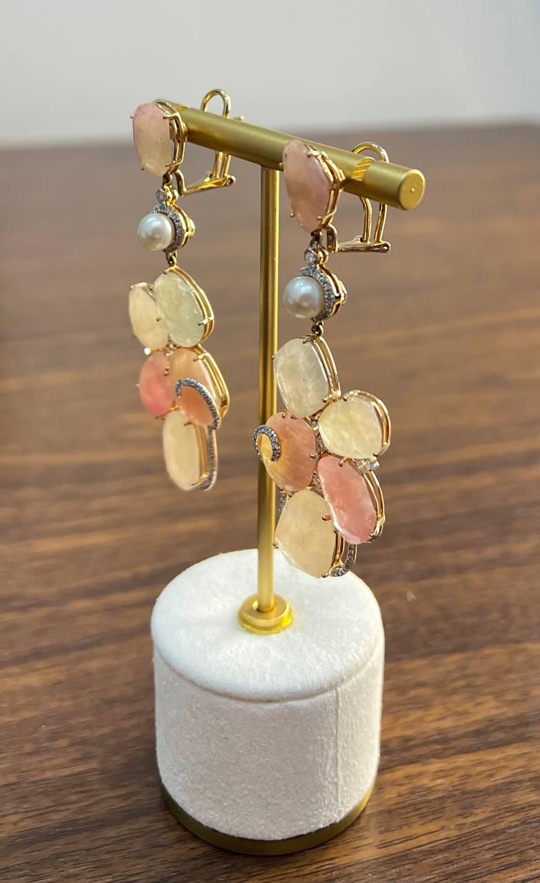 Fancy Cut Colored Sapphires Slice Pearl Diamond 18K Rose Gold Statement Earrings