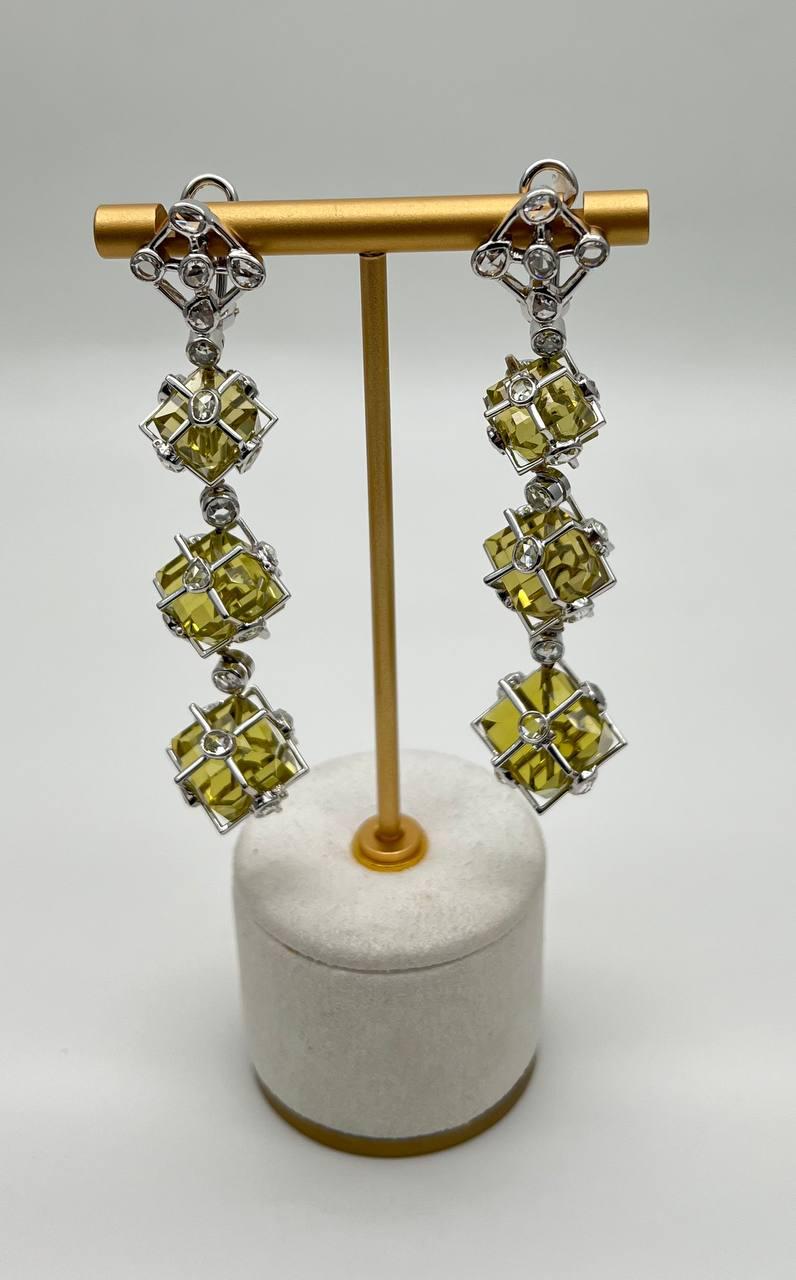 Lime Lemon Yellow Quartz 18 Karat White Gold Statement Diamond Drop Earrings