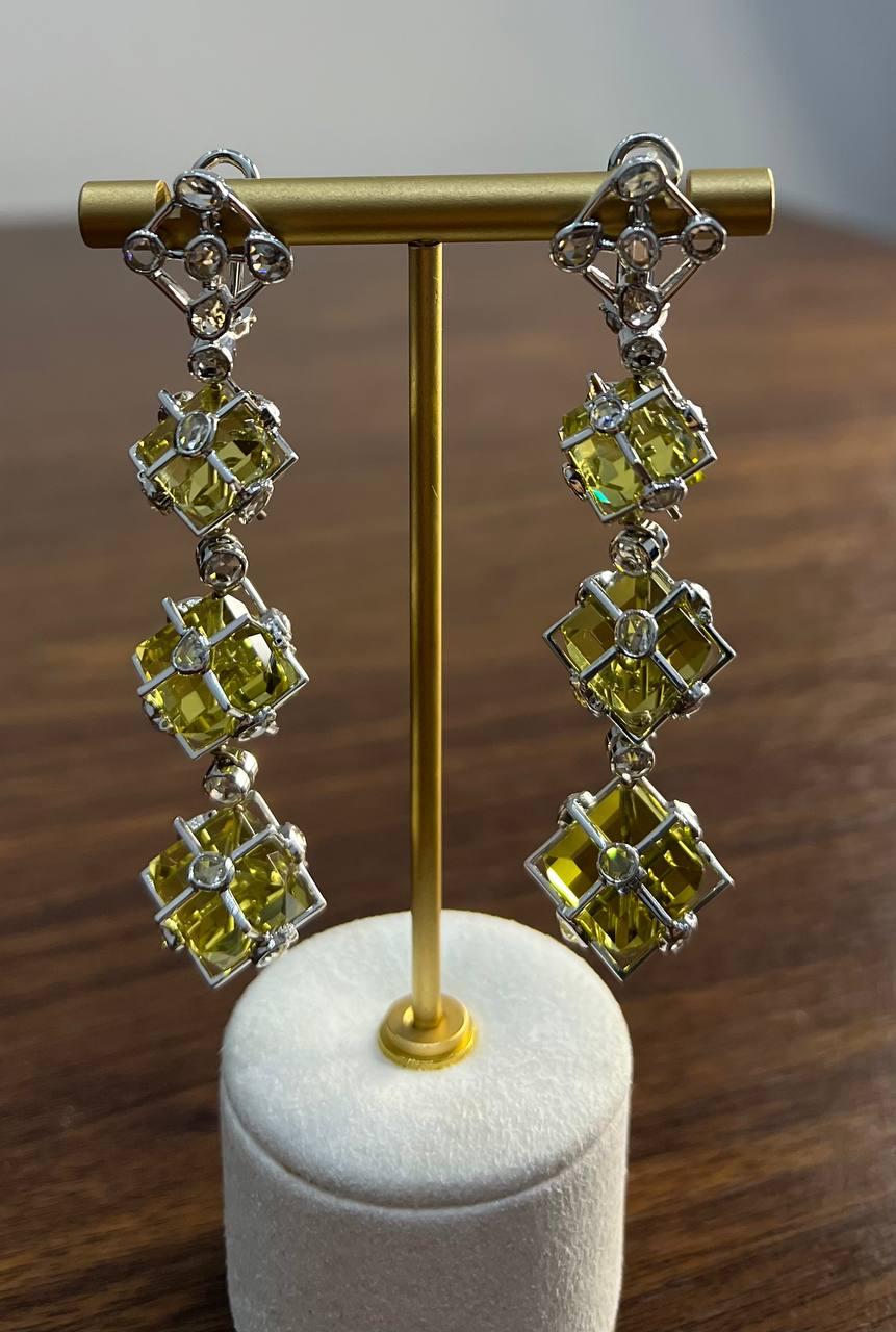 Lime Lemon Yellow Quartz 18 Karat White Gold Statement Diamond Drop Earrings