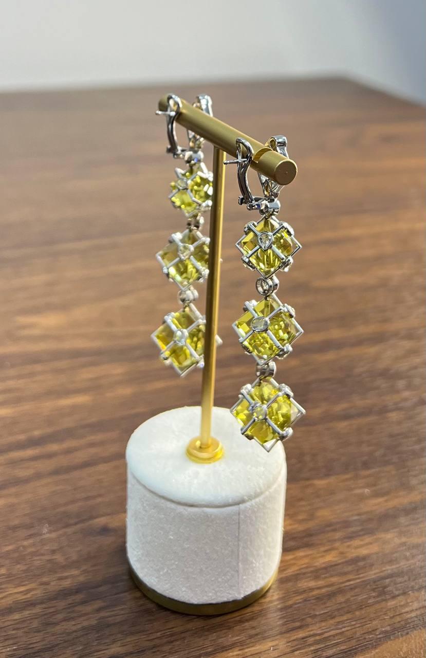 Lime Lemon Yellow Quartz 18 Karat White Gold Statement Diamond Drop Earrings