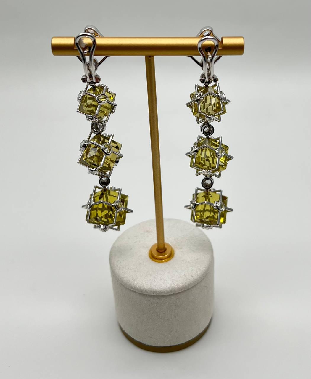 Lime Lemon Yellow Quartz 18 Karat White Gold Statement Diamond Drop Earrings