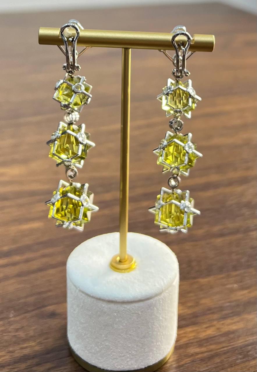 Lime Lemon Yellow Quartz 18 Karat White Gold Statement Diamond Drop Earrings