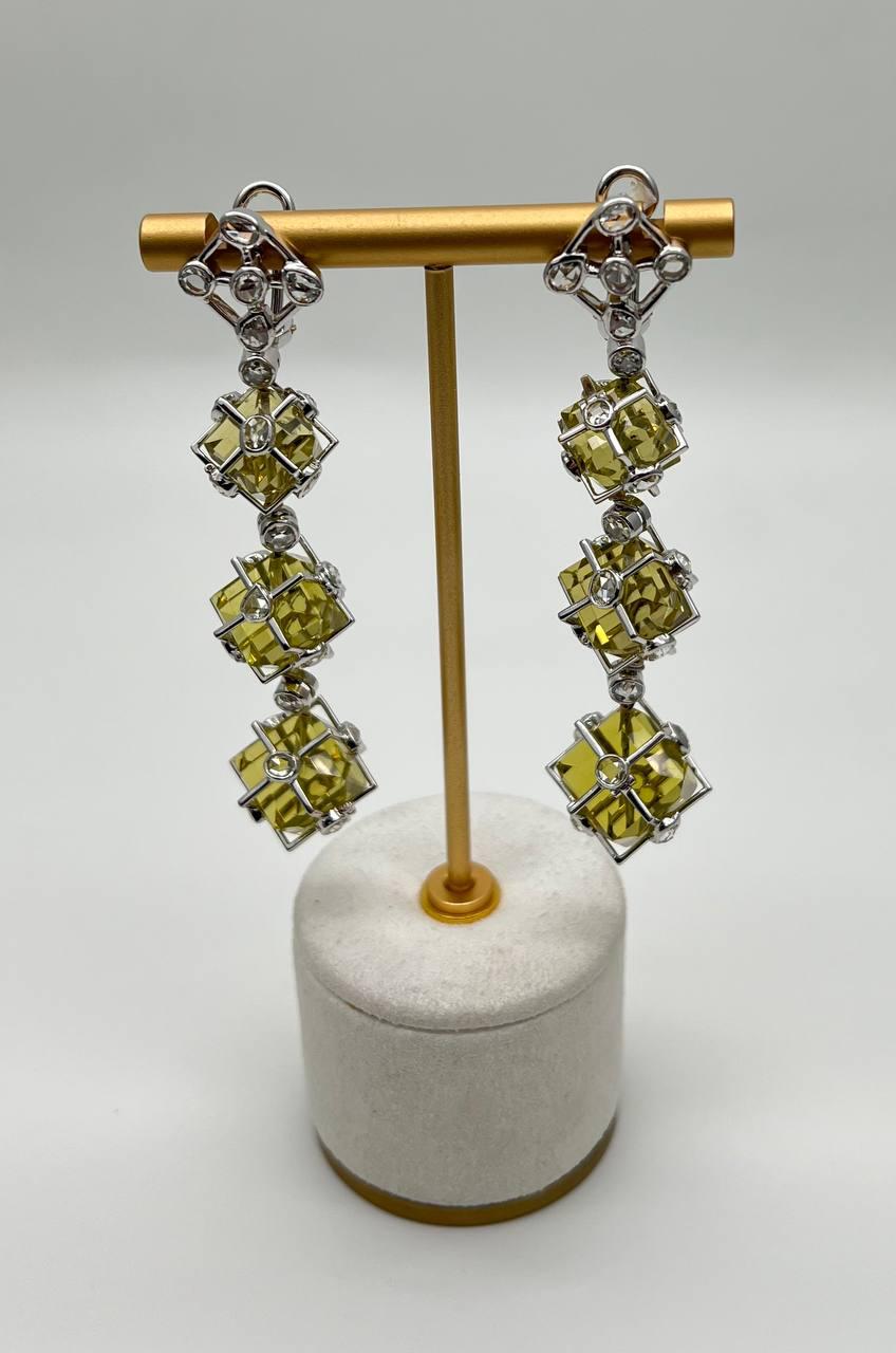 Lime Lemon Yellow Quartz 18 Karat White Gold Statement Diamond Drop Earrings