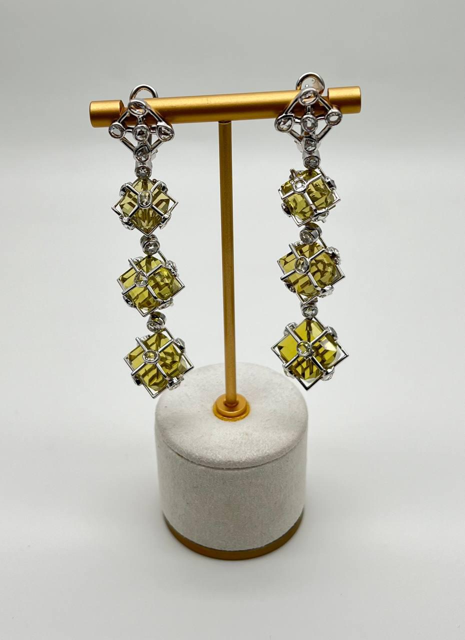 Lime Lemon Yellow Quartz 18 Karat White Gold Statement Diamond Drop Earrings