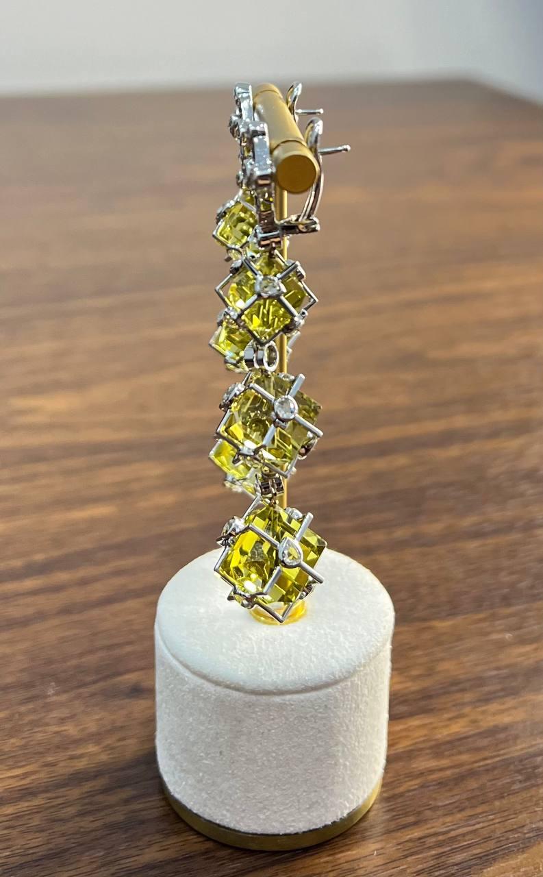 Lime Lemon Yellow Quartz 18 Karat White Gold Statement Diamond Drop Earrings