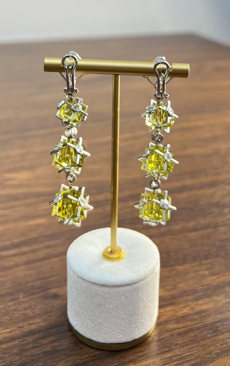 Lime Lemon Yellow Quartz 18 Karat White Gold Statement Diamond Drop Earrings