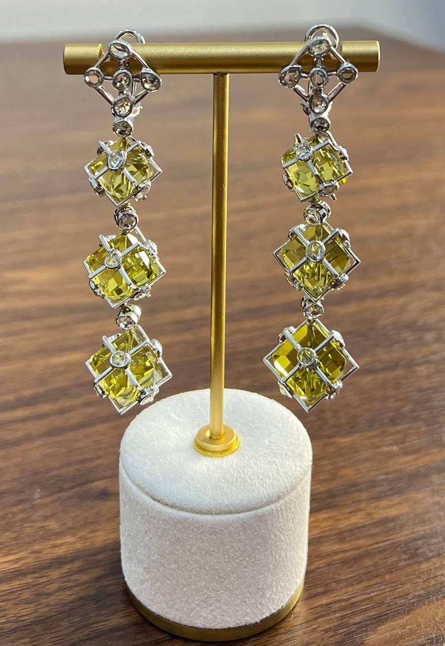 Lime Lemon Yellow Quartz 18 Karat White Gold Statement Diamond Drop Earrings