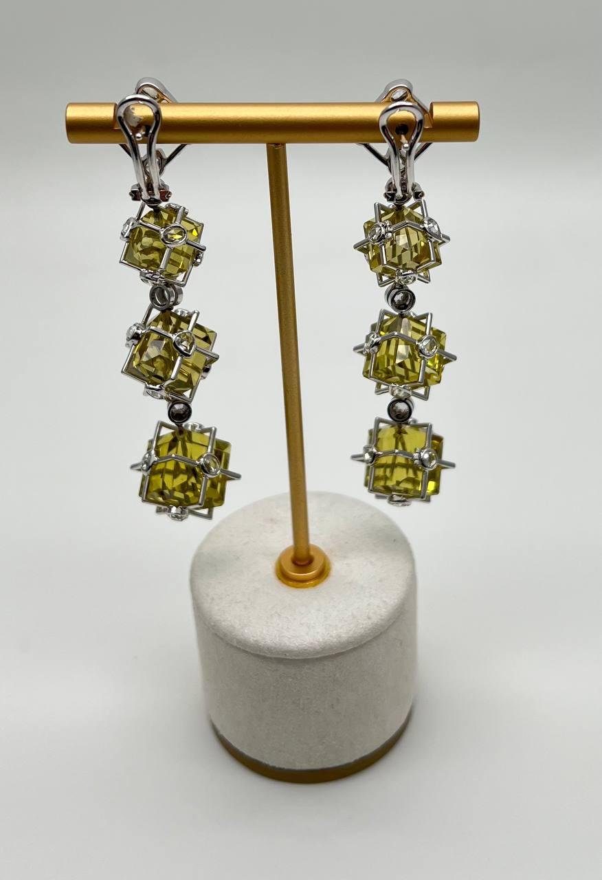 Lime Lemon Yellow Quartz 18 Karat White Gold Statement Diamond Drop Earrings