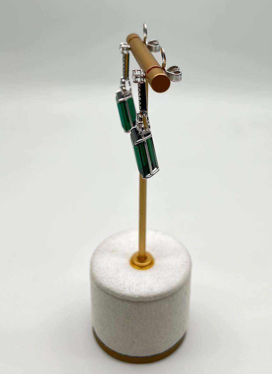 Emerald Cut Shape Green Tourmaline White Diamond 18K White Gold Drop Earrings