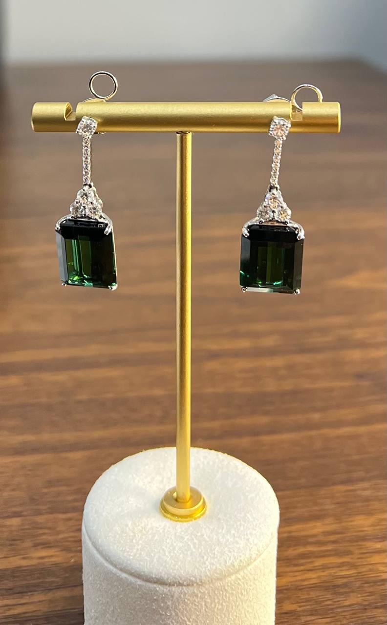 Emerald Cut Shape Green Tourmaline White Diamond 18K White Gold Drop Earrings