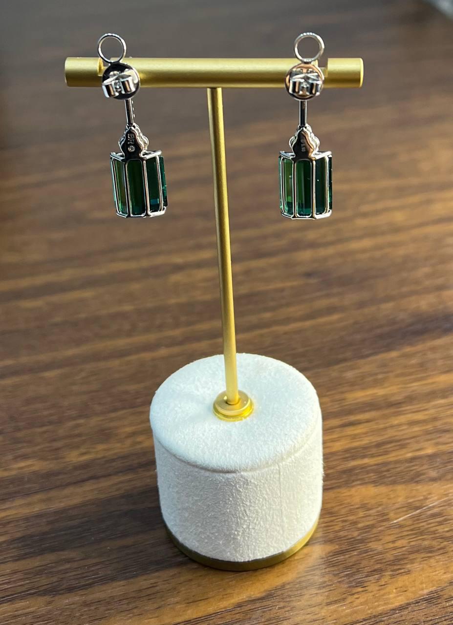 Emerald Cut Shape Green Tourmaline White Diamond 18K White Gold Drop Earrings