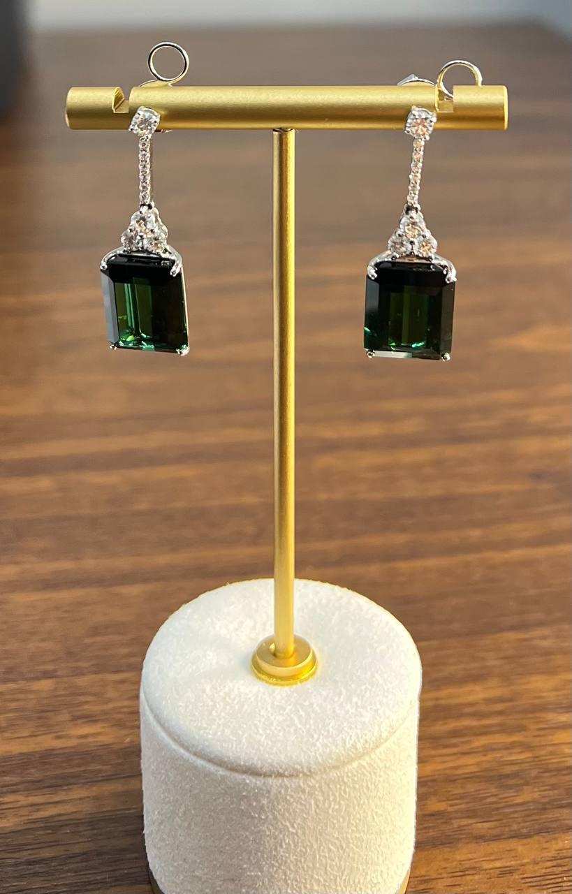 Emerald Cut Shape Green Tourmaline White Diamond 18K White Gold Drop Earrings