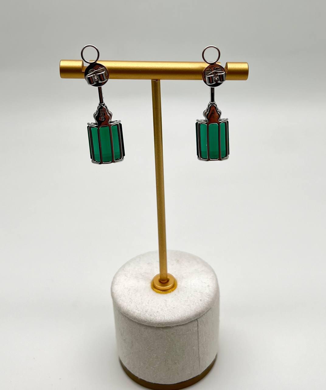 Emerald Cut Shape Green Tourmaline White Diamond 18K White Gold Drop Earrings