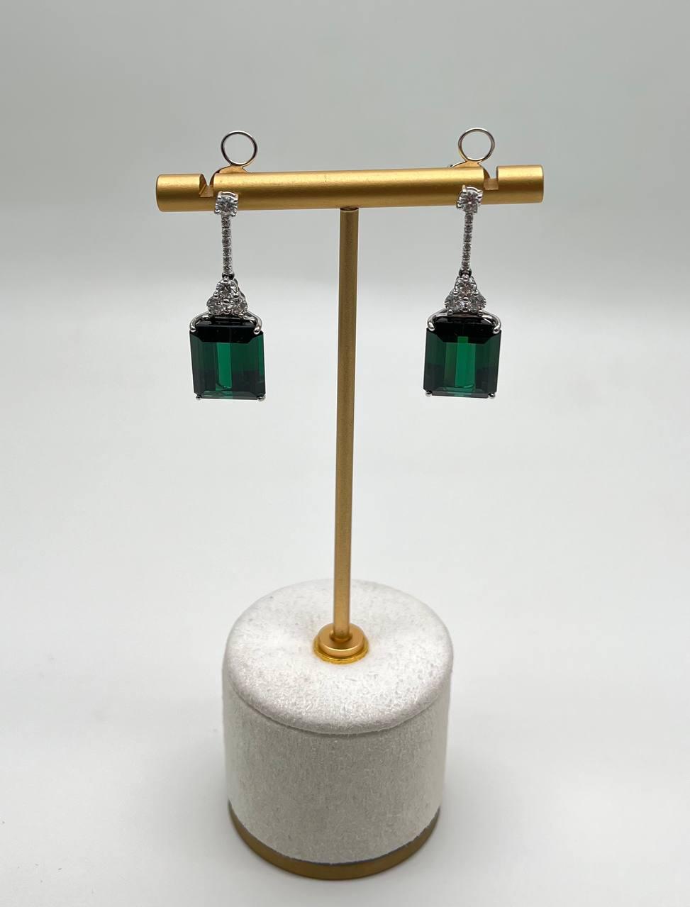 Emerald Cut Shape Green Tourmaline White Diamond 18K White Gold Drop Earrings