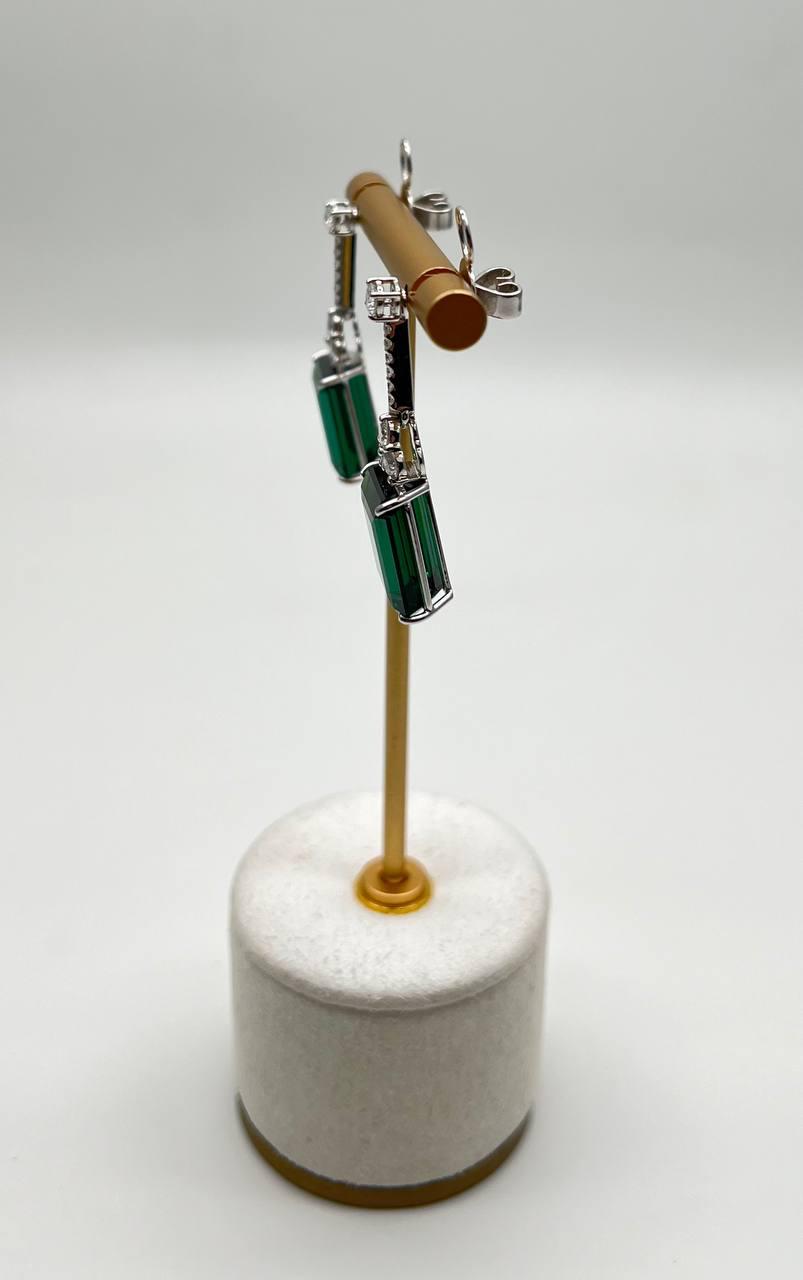 Emerald Cut Shape Green Tourmaline White Diamond 18K White Gold Drop Earrings