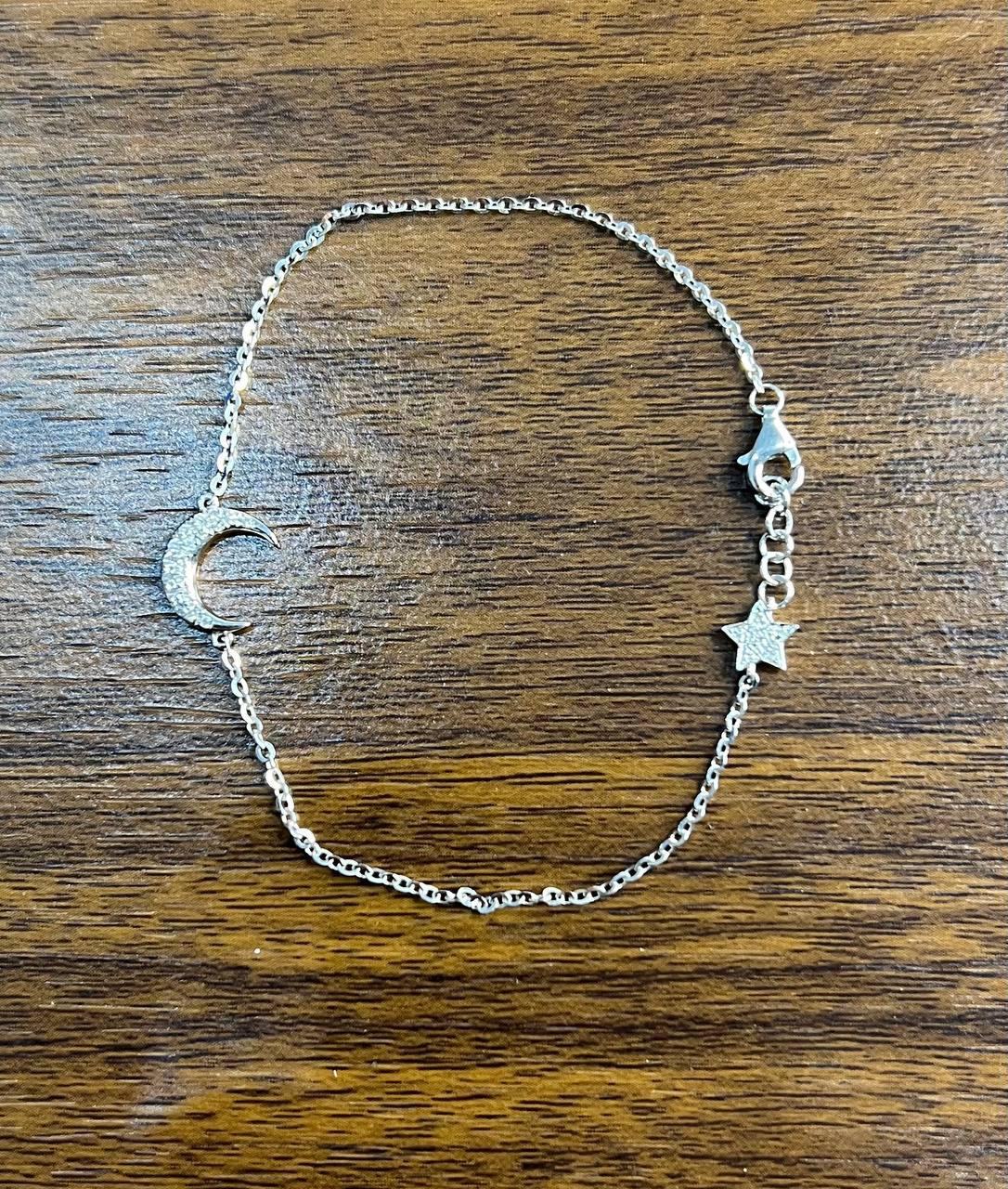 Lunar Moon Star White Brilliant Diamond Pave 18 Karat White Gold Chain Bracelet