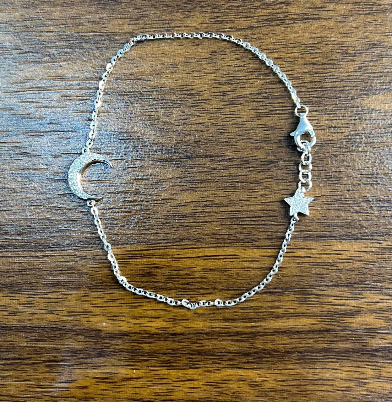 Lunar Moon Star White Brilliant Diamond Pave 18 Karat White Gold Chain Bracelet