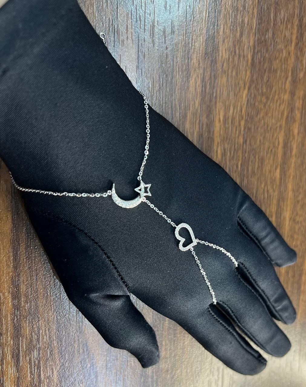 Finger Ring Chain Heart Lunar Diamond Symbol 18K White Gold Statement Bracelet