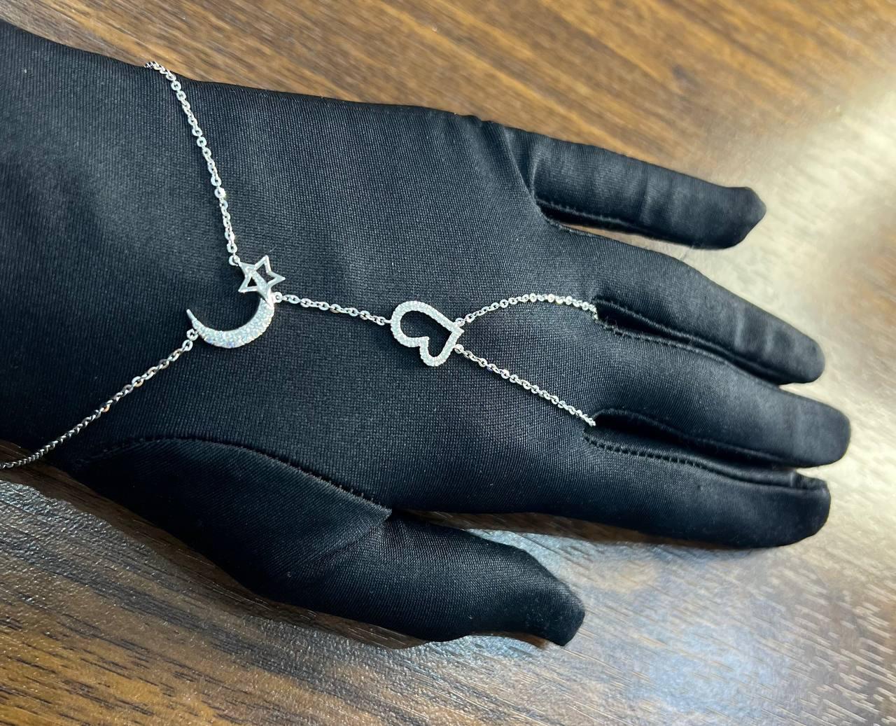 Finger Ring Chain Heart Lunar Diamond Symbol 18K White Gold Statement Bracelet