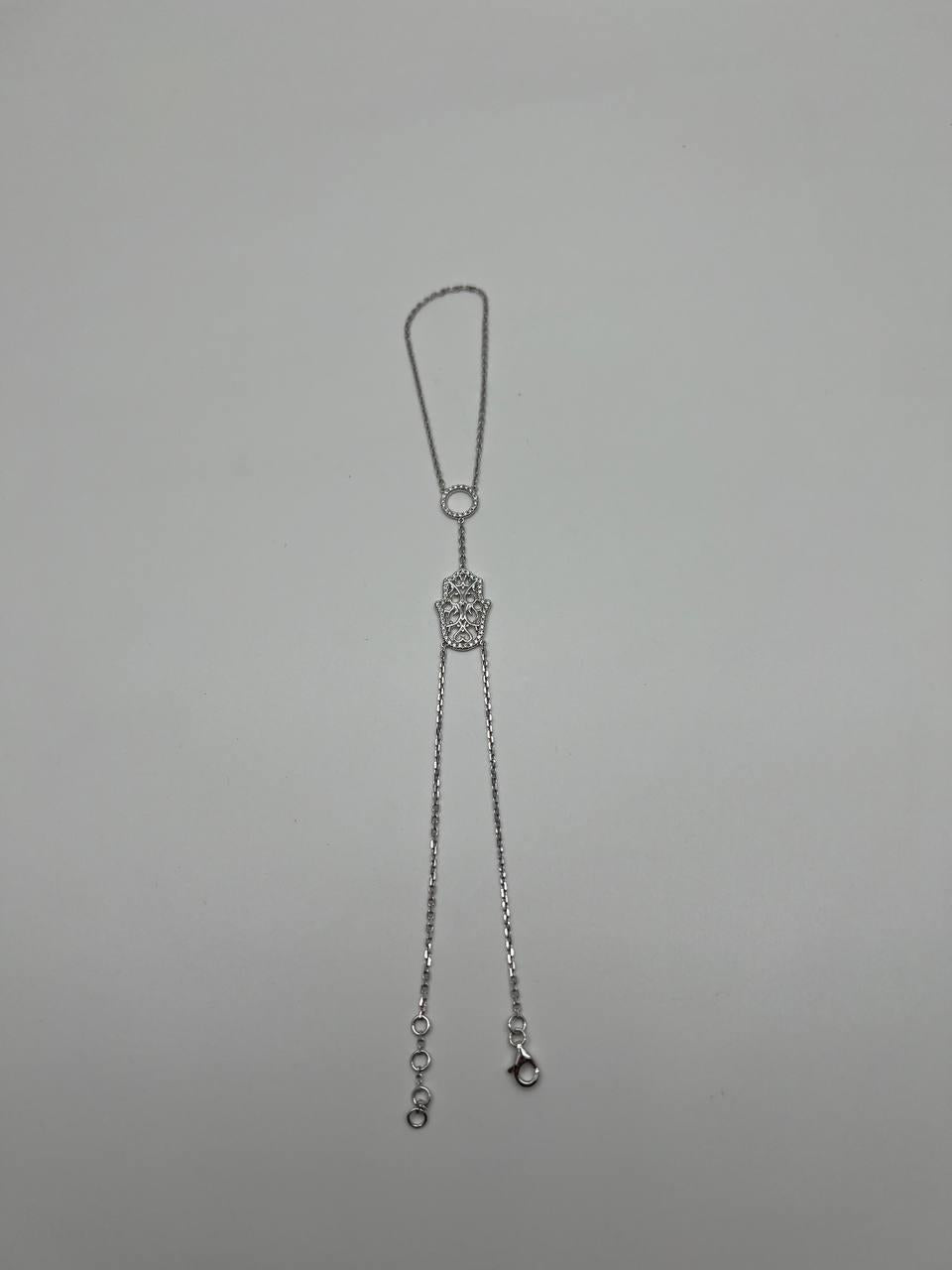 Finger Ring Chain Hamsa Hand Diamond Symbol 18K White Gold Statement Bracelet