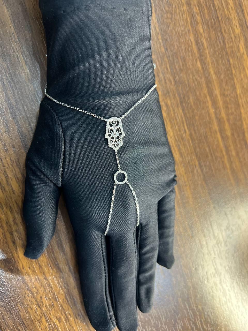 Finger Ring Chain Hamsa Hand Diamond Symbol 18K White Gold Statement Bracelet