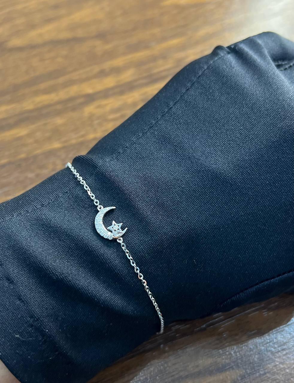 Lunar Moon Star White Brilliant Diamond Pave 18 Karat White Gold Chain Bracelet