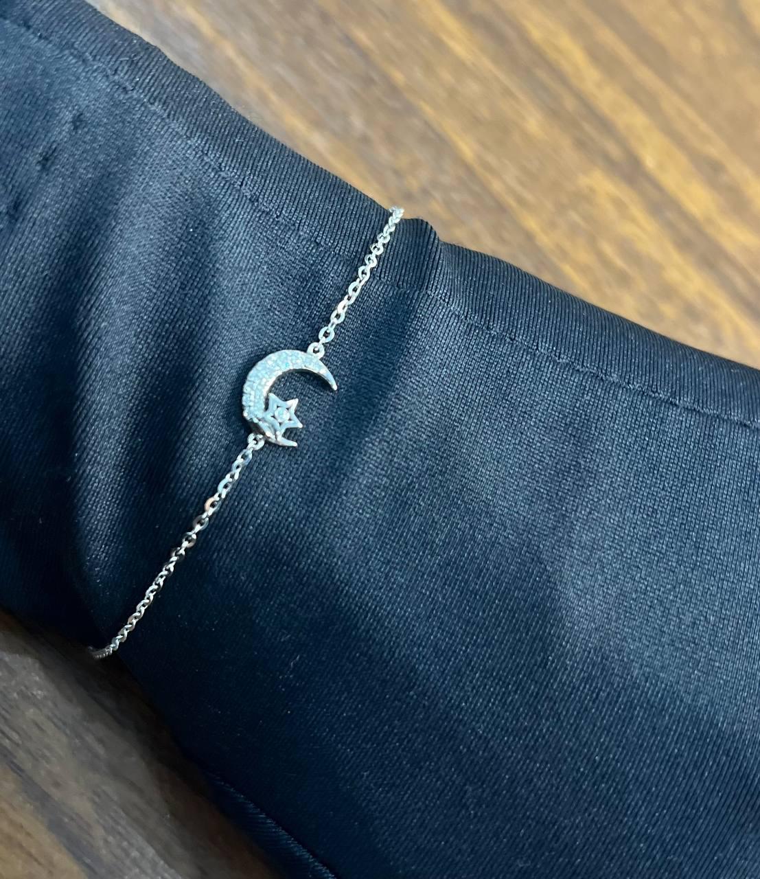 Lunar Moon Star White Brilliant Diamond Pave 18 Karat White Gold Chain Bracelet