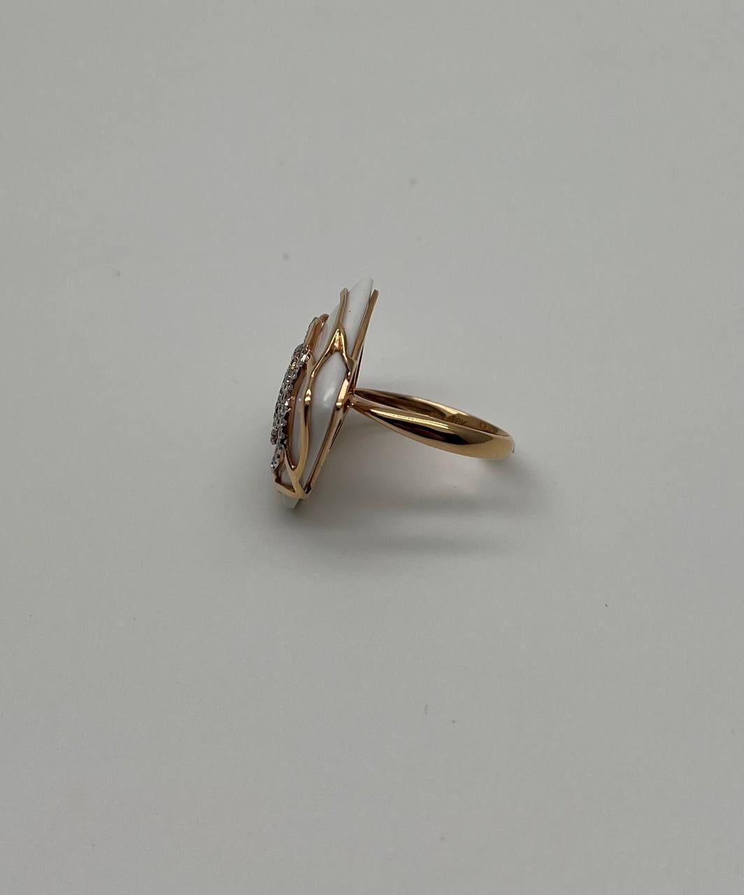 White Agate Diamond 18 Karat Rose Gold Rose Theme Flowers Floral Statement Ring