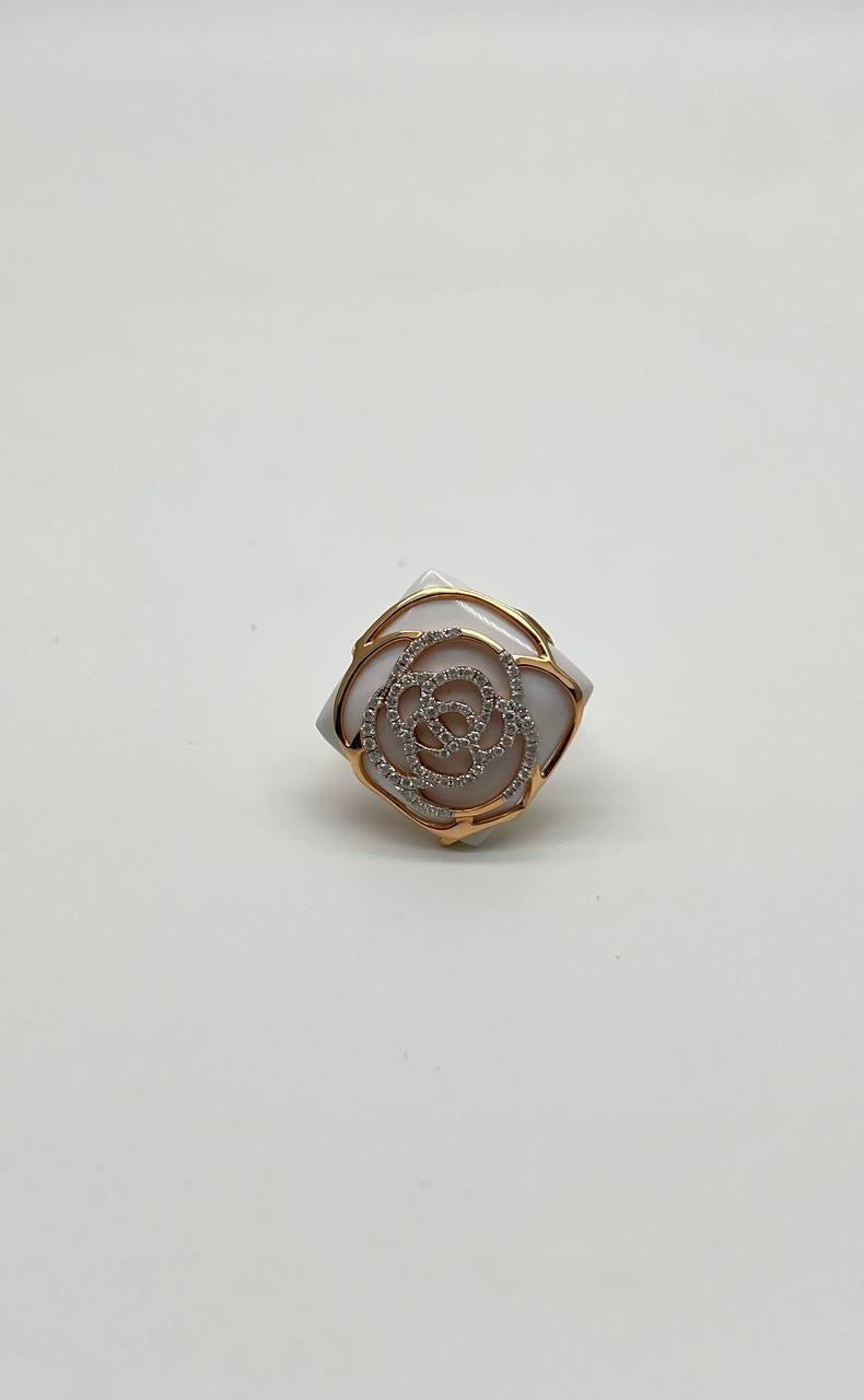 White Agate Diamond 18 Karat Rose Gold Rose Theme Flowers Floral Statement Ring