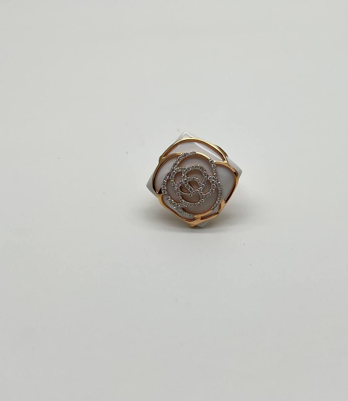 White Agate Diamond 18 Karat Rose Gold Rose Theme Flowers Floral Statement Ring