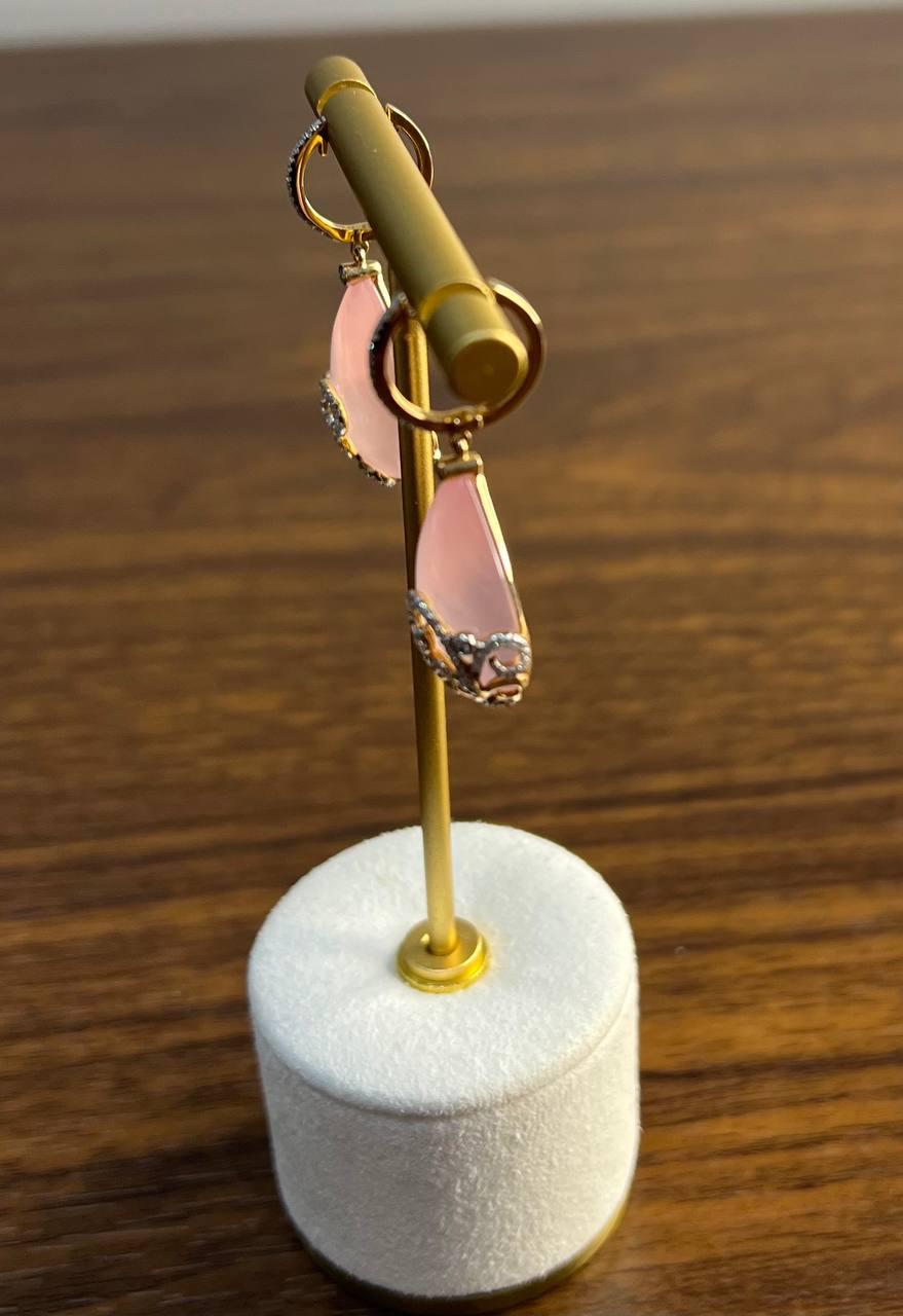 Rose Quartz Diamond 18 Karat Rose Gold Rose Theme Flowers Floral Drop Earrings