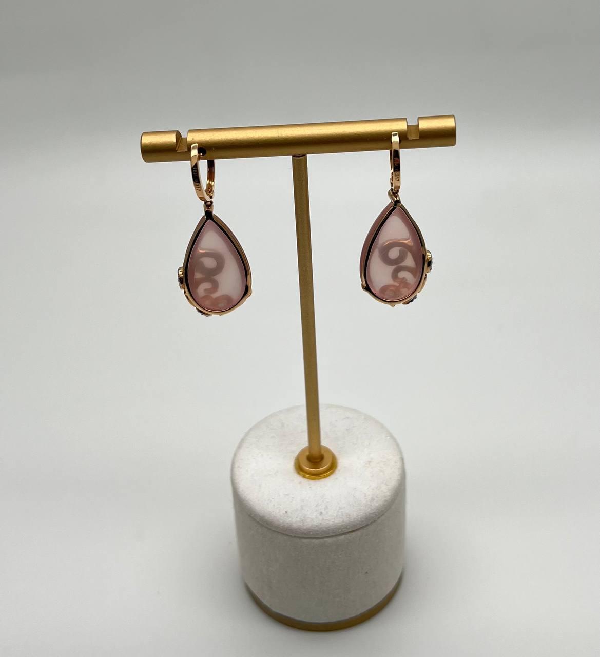 Rose Quartz Diamond 18 Karat Rose Gold Rose Theme Flowers Floral Drop Earrings
