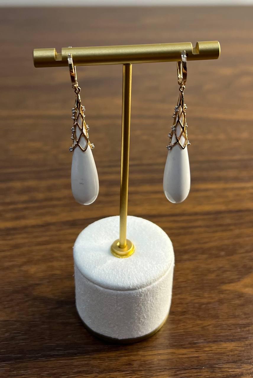 White Agate Cabochon White Pave Diamonds 18 Karat Rose Gold Unique Drop Earrings