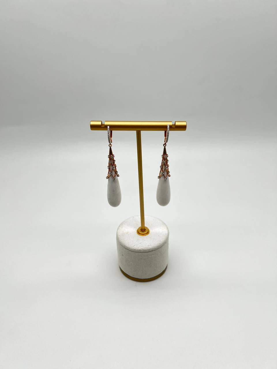 White Agate Cabochon White Pave Diamonds 18 Karat Rose Gold Unique Drop Earrings