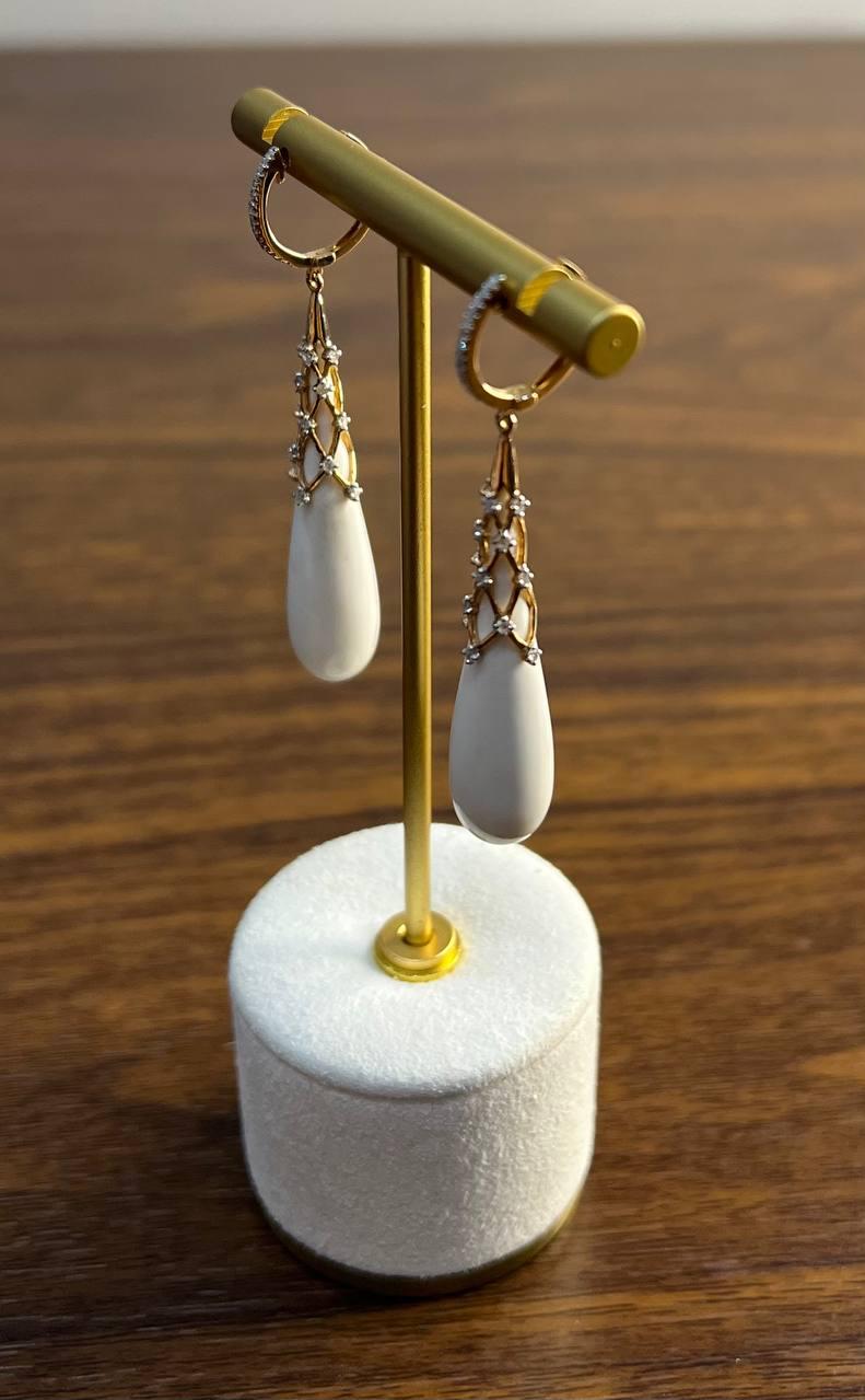 White Agate Cabochon White Pave Diamonds 18 Karat Rose Gold Unique Drop Earrings