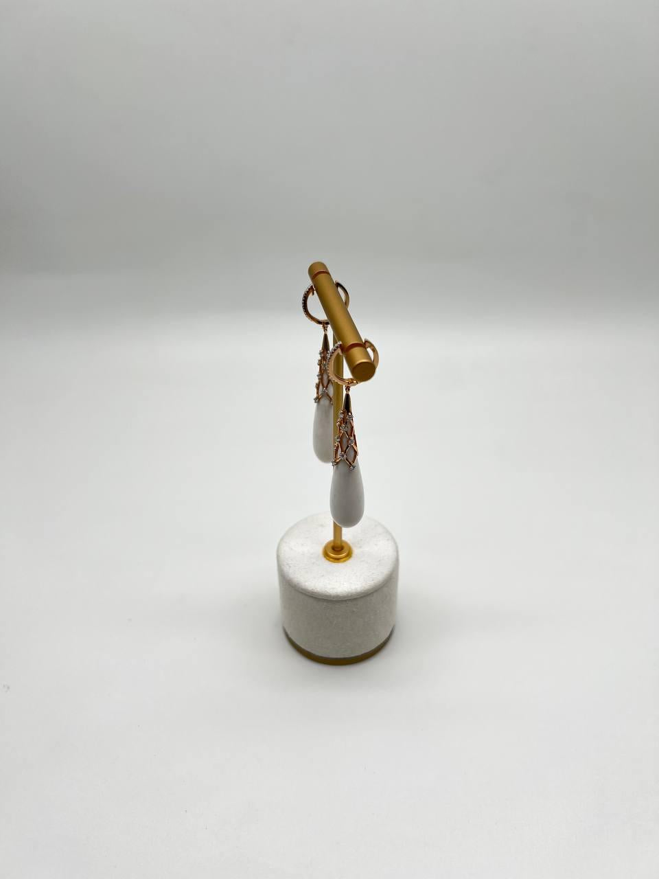 White Agate Cabochon White Pave Diamonds 18 Karat Rose Gold Unique Drop Earrings