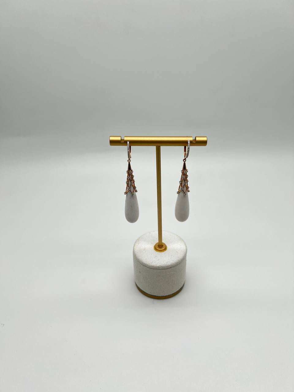 White Agate Cabochon White Pave Diamonds 18 Karat Rose Gold Unique Drop Earrings
