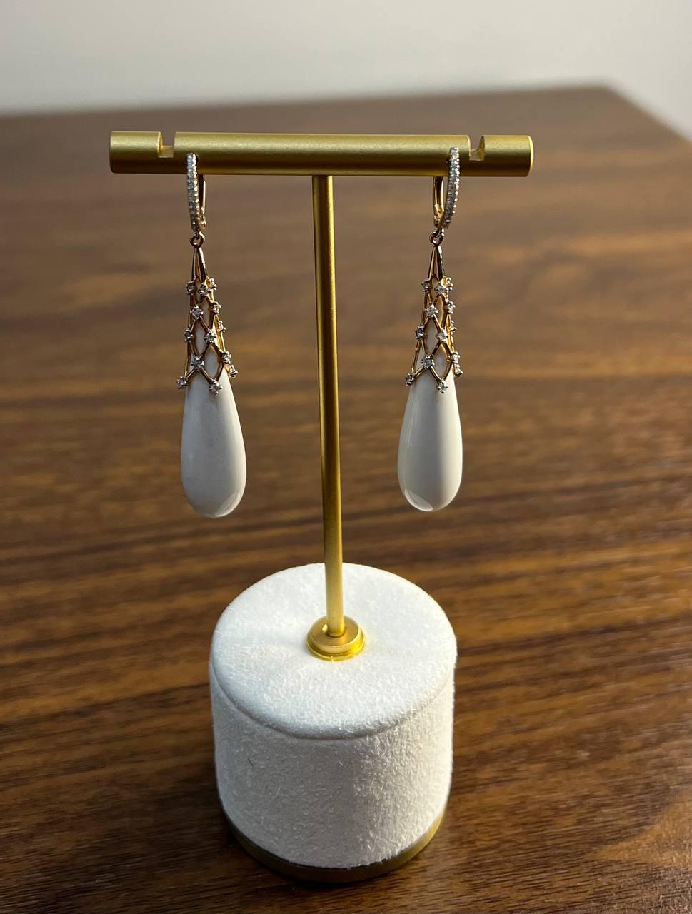 White Agate Cabochon White Pave Diamonds 18 Karat Rose Gold Unique Drop Earrings