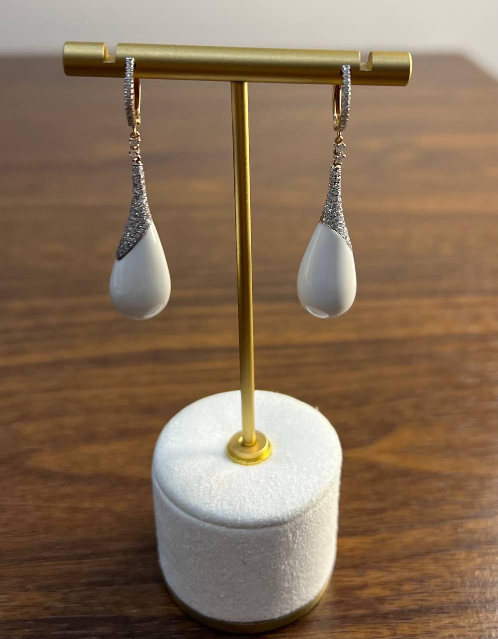 White Agate Cabochon White Pave Diamonds 18 Karat Rose Gold Unique Drop Earrings