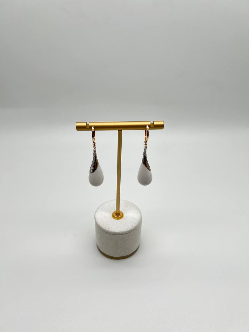 White Agate Cabochon White Pave Diamonds 18 Karat Rose Gold Unique Drop Earrings