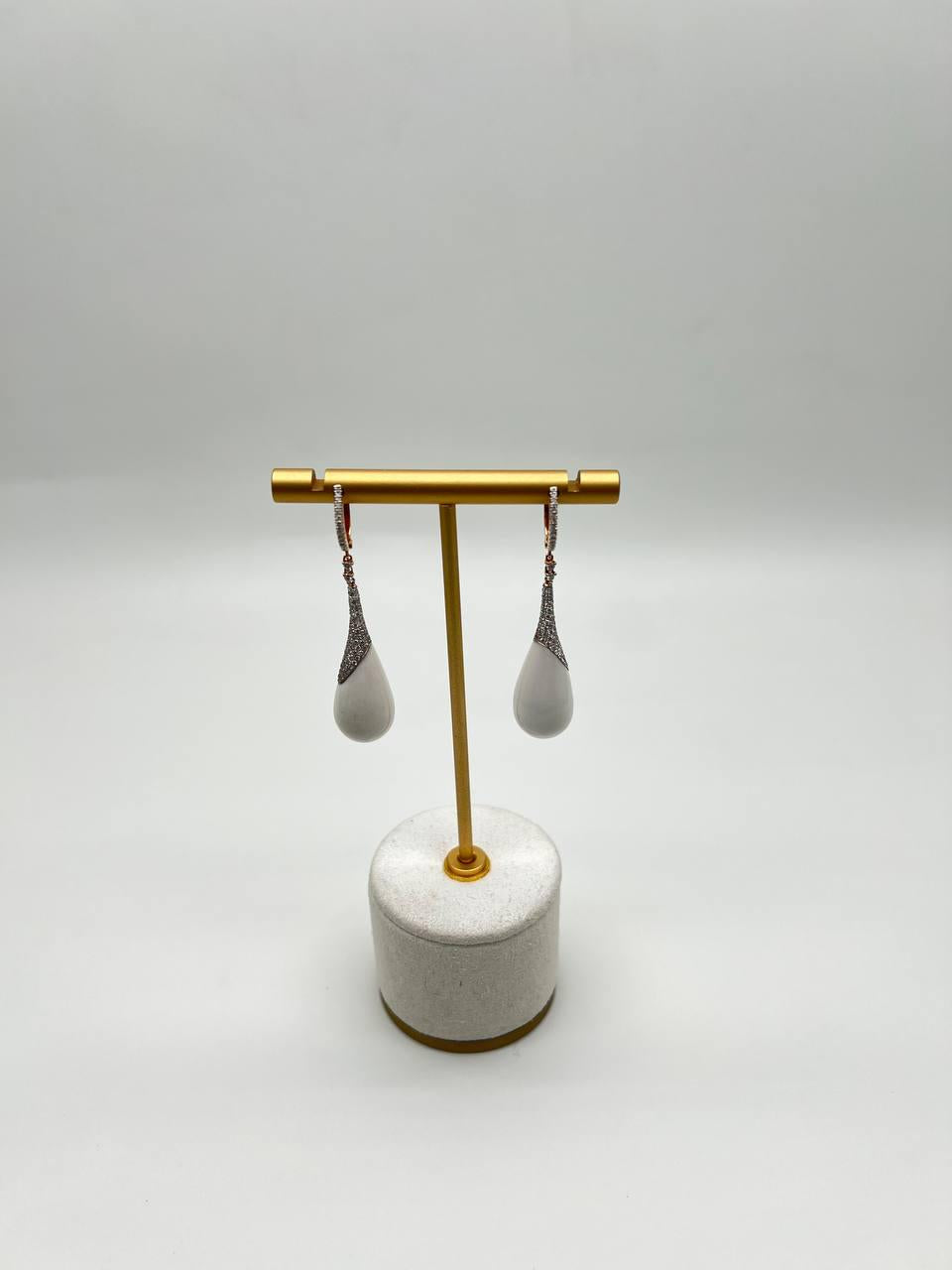 White Agate Cabochon White Pave Diamonds 18 Karat Rose Gold Unique Drop Earrings