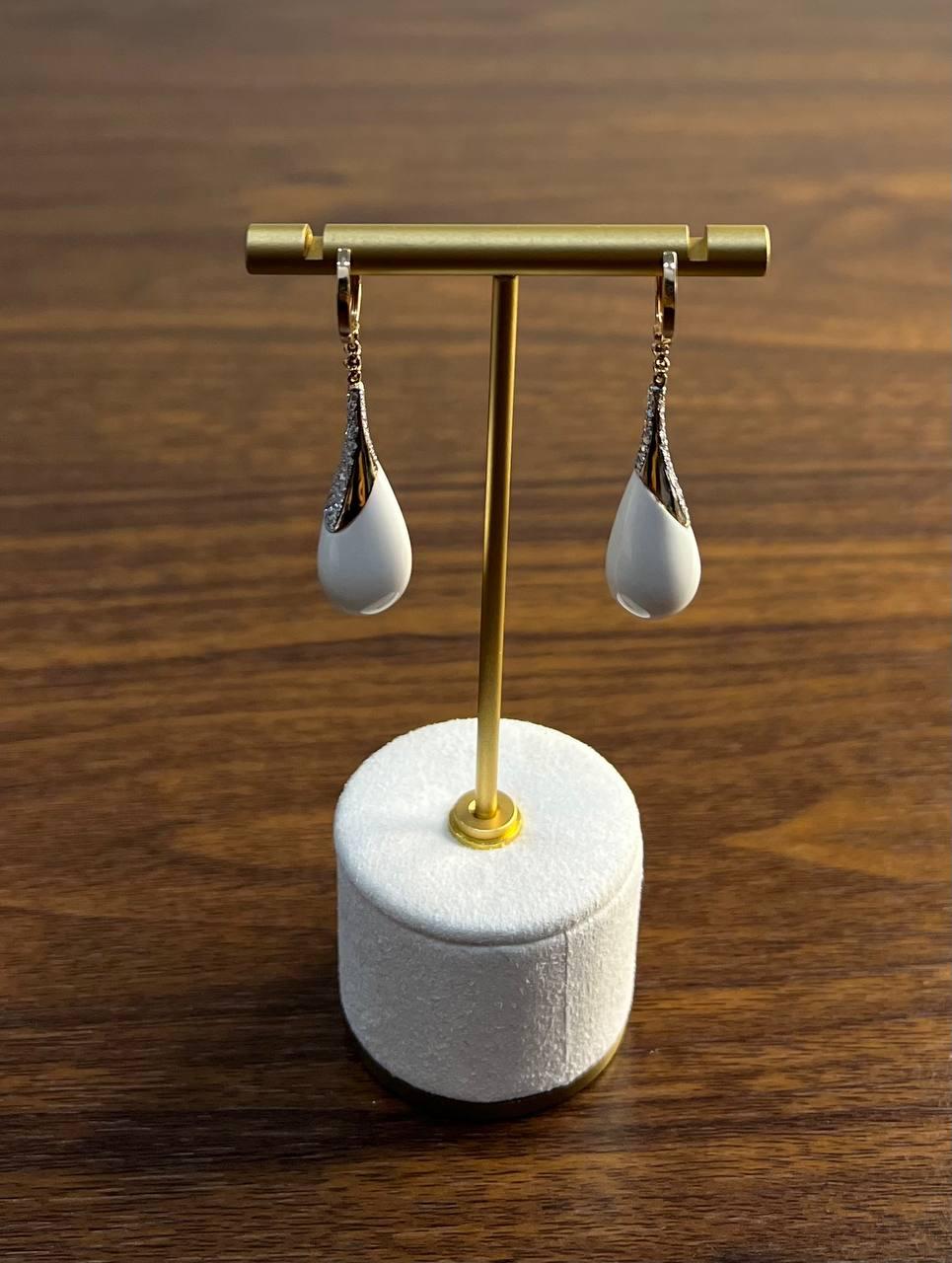 White Agate Cabochon White Pave Diamonds 18 Karat Rose Gold Unique Drop Earrings