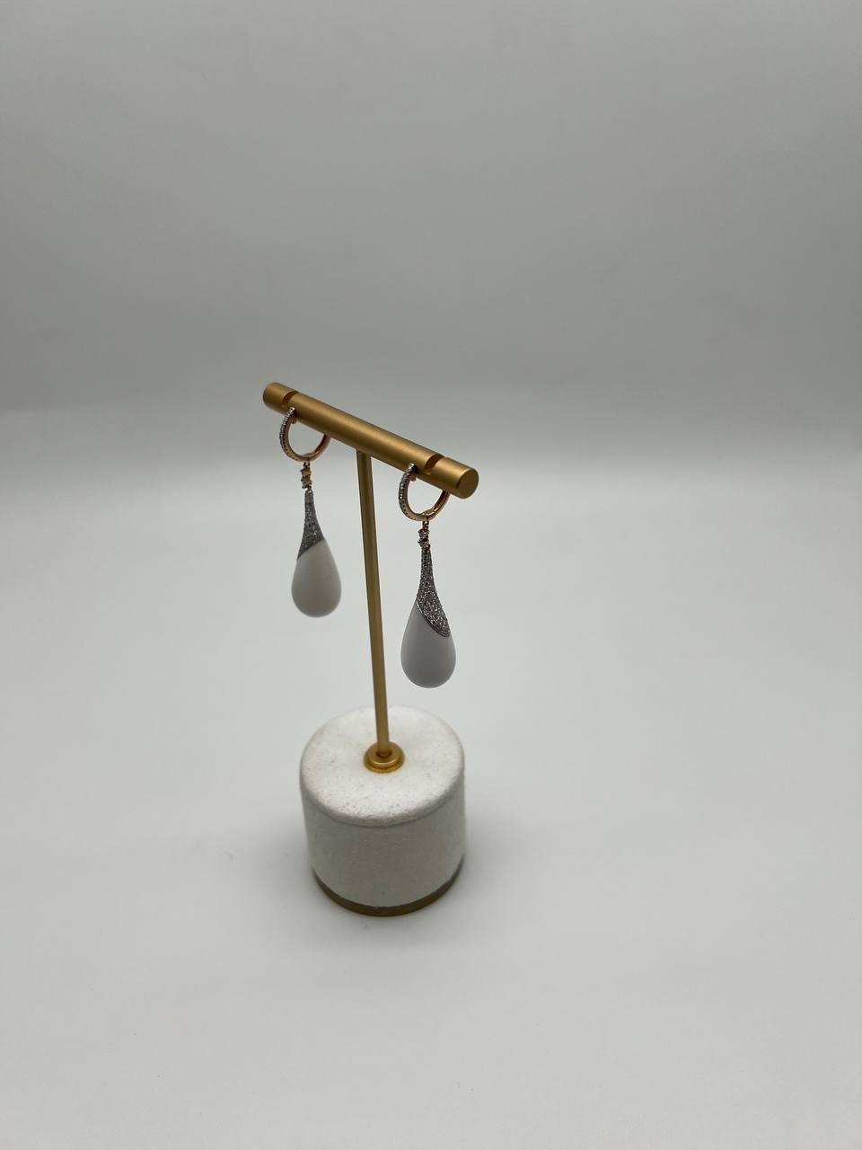 White Agate Cabochon White Pave Diamonds 18 Karat Rose Gold Unique Drop Earrings