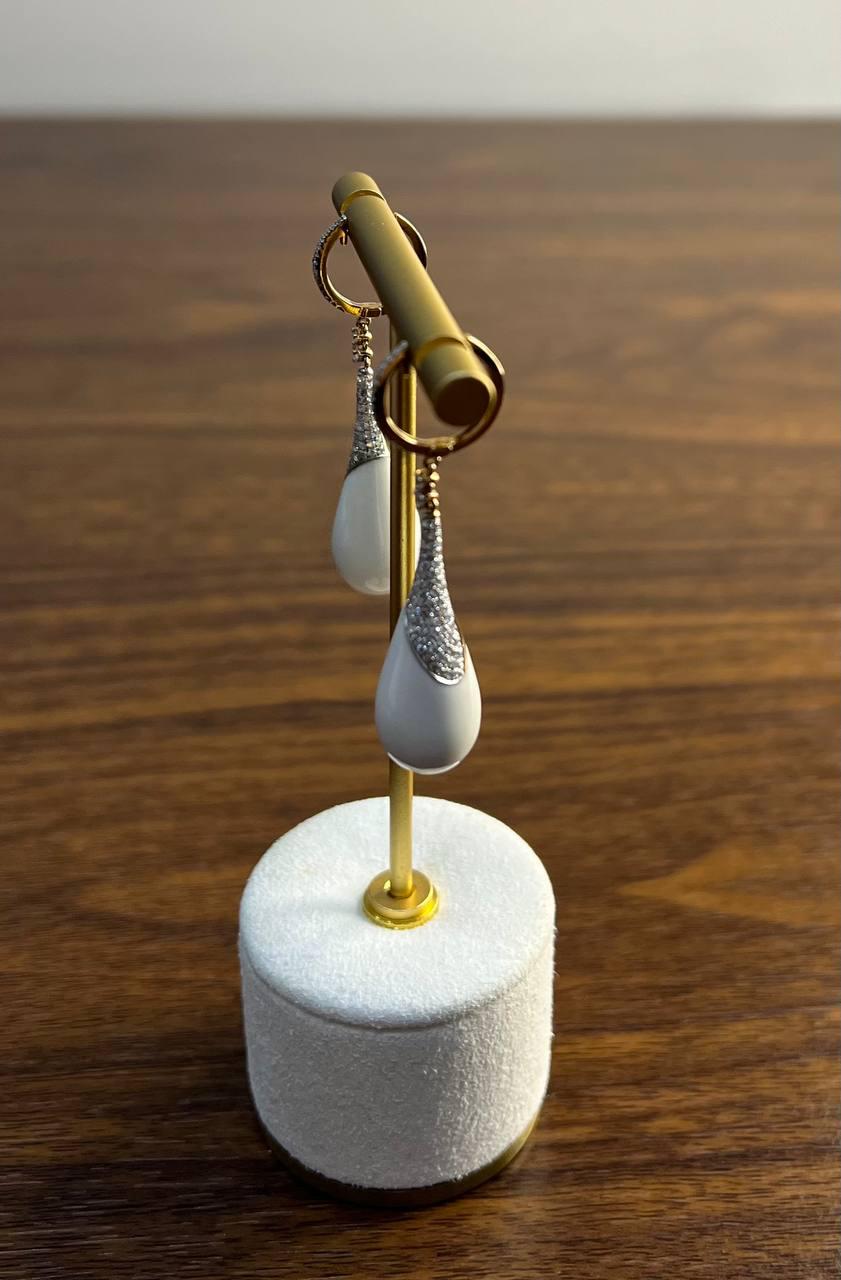 White Agate Cabochon White Pave Diamonds 18 Karat Rose Gold Unique Drop Earrings