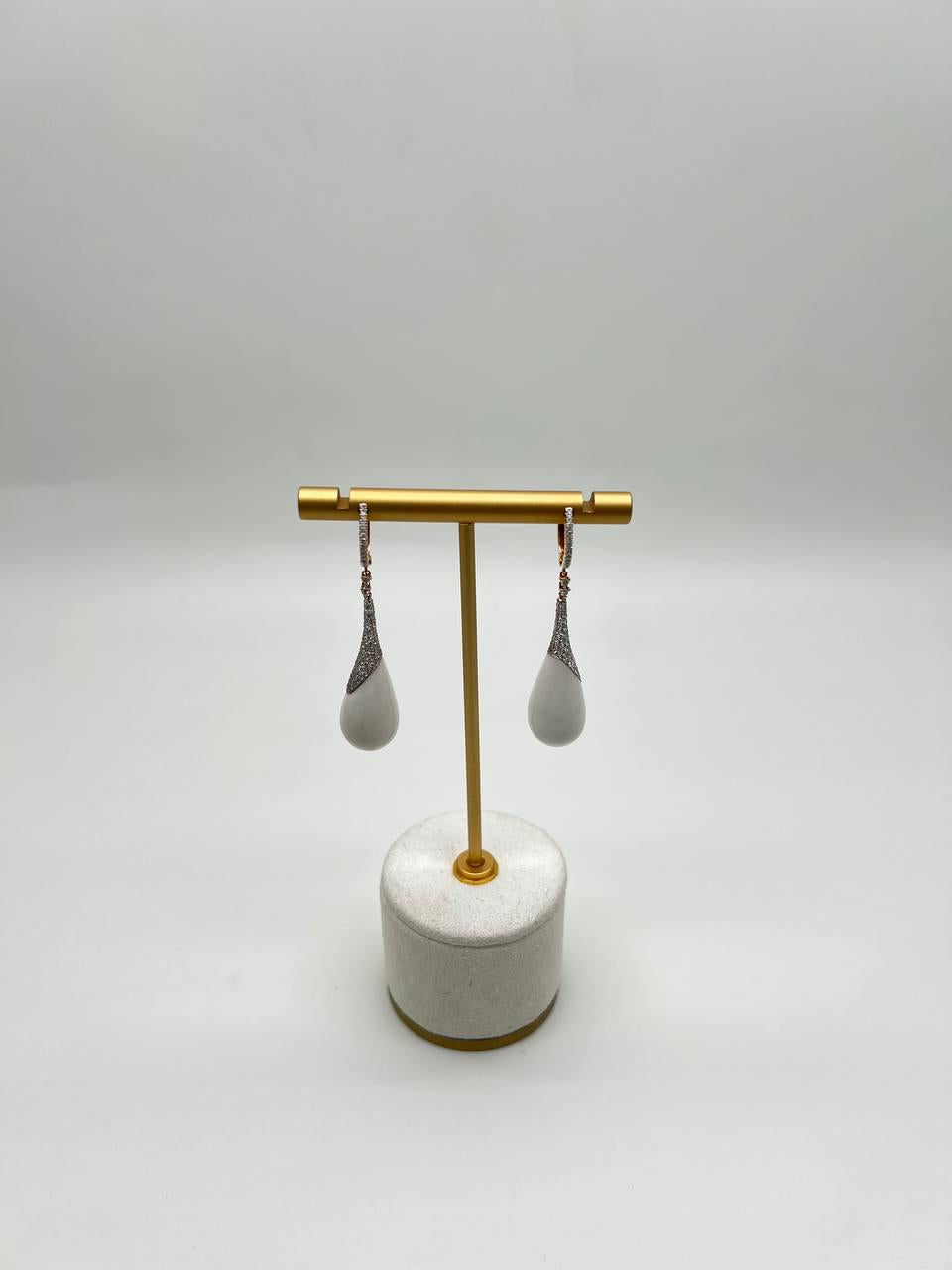 White Agate Cabochon White Pave Diamonds 18 Karat Rose Gold Unique Drop Earrings