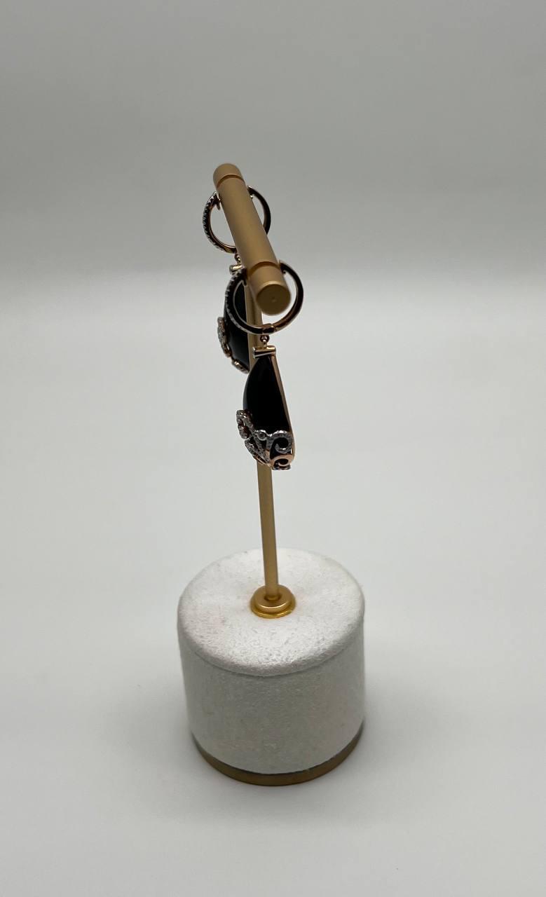 Black Onyx Cabochon Diamond 18 Karat Rose Yellow Gold Floral Swirl Drop Earrings
