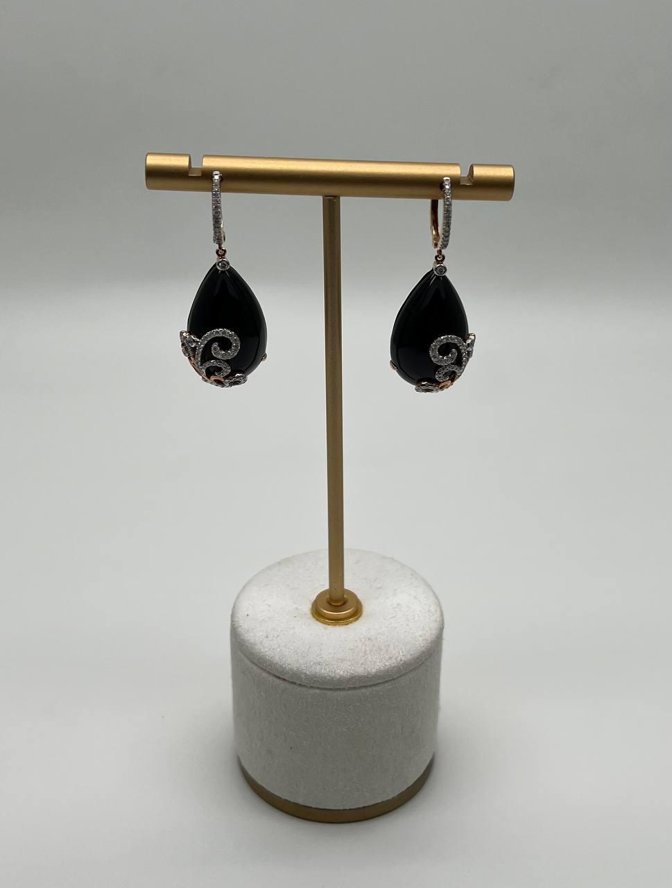 Black Onyx Cabochon Diamond 18 Karat Rose Yellow Gold Floral Swirl Drop Earrings